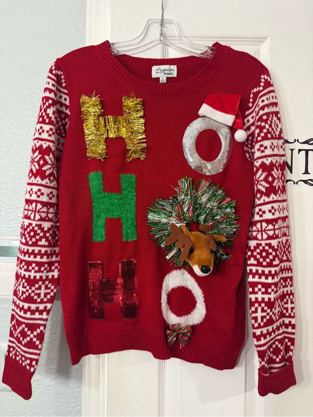 Lavender Moon Red Holiday 'HOHO' Sweater with Green Tinsel Reindeer